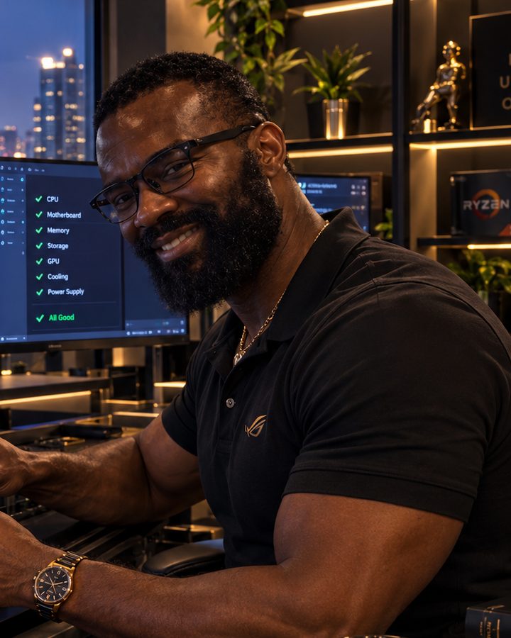 Mal at his workbench, fitting memory into a desktop PC